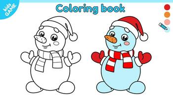 Cartoon snowman in scarf and red santa claus hat. Page of coloring book for kids with winter snow character. Color outline picture. Activity for children. Black and white contour vector illustration.