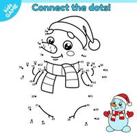 Dot to dot game for children. Connect the dots by numbers and draw a cartoon snowman in scarf and red santa claus hat. Activity book for kids with winter snow character. Educational puzzle. Vector. vector