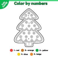 Page of the coloring book by numbers for children with gingerbread christmas tree. Color cartoon New Year cookies. Educational activity for kids. Vector outline illustration of the holiday biscuit.