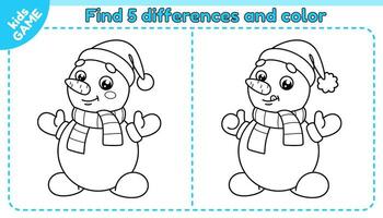 niños juego encontrar 5 5 diferencias con dibujos animados monigote de nieve en bufanda y rojo Papa Noel claus sombrero. comparar y Mancha diferente detalles. colorante página. educativo juego para niños. negro y blanco contorno vector. vector