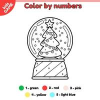 Page of the coloring book by numbers for children with snow glass ball. Color cartoon snow globe with Christmas tree. Educational activity for kids. Vector outline illustration of holiday decoration.