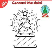 Dot to dot game for children. Connect the dots by numbers and draw a cartoon Christmas snow glass ball. Activity book for kids. Baby educational puzzle. Vector illustration snow globe with Xmas tree.