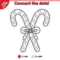 Page of the coloring book by numbers for children with Christmas red striped candy cane. Color cartoon holiday lollipop. Activity for kids. Vector outline illustration of the New Year caramel sweets.