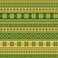 Norwegian ornament. Scandinavian knitted texture. Vector seamless pattern. Green and yellow colors