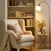 Comfortable armchair in living room with bookshelf and lamp photo