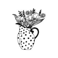 Bouquet of wild flowers in a jug vector line illustration for wallpaper, pattern fills, web page background, surface textures.