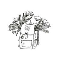 Bouquet of flowers in a backpack vector line illustration for wallpaper, pattern fills, web page background, surface textures.