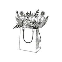 Bouquet of flowers in a paper bag vector line illustration for wallpaper, pattern fills, web page background, surface textures.