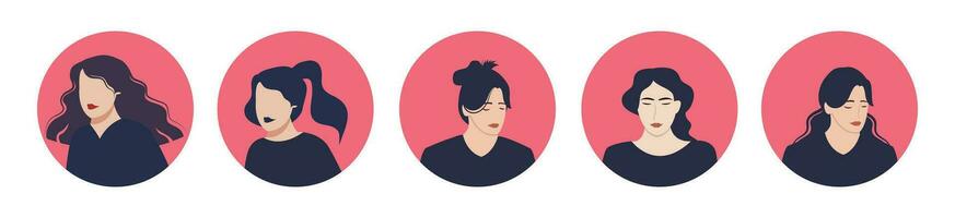 Circle the avatar with a woman's face. Portraits of diverse women of different races. Collection of user profiles. Round icon with happy smiling man. Colorful flat vector illustration