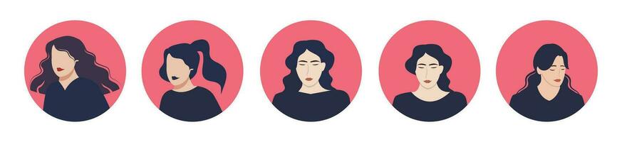 circulo el avatar con un mujer rostro. retratos de diverso mujer de diferente Razas. colección de usuario perfiles. redondo icono con contento sonriente hombre. vistoso plano vector ilustración