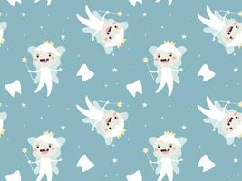 Seamless pattern Tooth Fairy with magic wand and tooth. Vector illustration