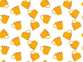 Yellow Seamless winter hot drinks pattern. Vector flat repeated background for wallpaper, wrapping, packing, textile