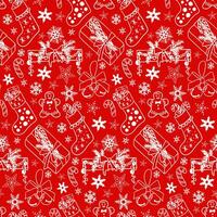 Red and white Christmas pattern with traditional decorations in flat doodle style. Outline sketch white elements for Christmas party decoration on red background. Winter holiday design vector