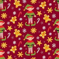 Christmas pattern with holiday Elf character and sweets. Flat cartoon character, gingerbread men and snowflakes on red background. Holiday design for for decoration, wrapping, banner vector