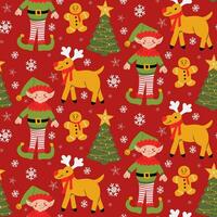 Christmas pattern with holiday Elf and reindeers with christmas tree, gingerbread man and snowflakes. Flat characters in cartoon childish style on red background. Good for decoration, wrapping vector