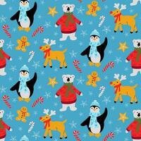 Funny childish Christmas characters seamless pattern. Funny colored polar bear, reindeer, penguin, gingerbread man in flat cartoon style on blue background. Ideal design for decoration, wrapping vector