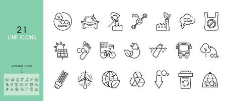 Carbon neutral line icon set. Capture and storage, electric car, molecule, ocean pollution, bicycle, cage, solar panel, rubbish bin, bus, public transport. Outline sing. vector