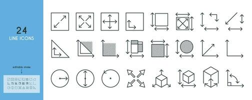 Measurement of dimension, area, perimeter line icon set. cube, square, triangle, angle, circle, office, tools, floorplanning, corner, place, scale, quantity, notation, meter, metrics. Outline sings. vector