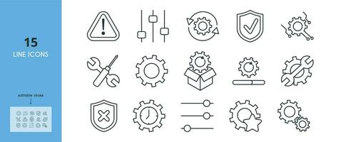 Setup, updates and settings line icon set.Warning, slider, download, threat, defense, safe, tools, unzip, premium updates, shield vector illustration. Outline sings. Editable stroke.