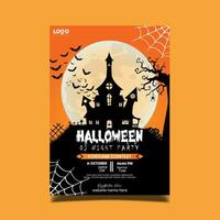 Happy Halloween party posters set with night clouds and pumpkins in paper cut style. Vector illustration. Full moon, witch cauldron, spiders web and flying bat. Place for tex