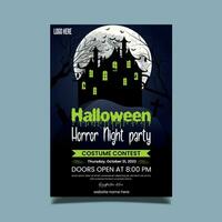 Halloween vertical background with pumpkin, haunted house and full moon. Flyer or invitation template for Halloween party. Vector illustration.