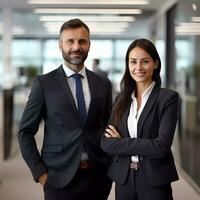 ai generado dos negocio personas en pie juntos en un oficina. cabeza Disparo retrato foto