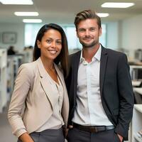 AI Generated Two business people standing together in an office. Head shot portrait photo