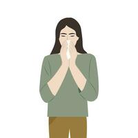 Woman character sneezes and coughs properly in tissue. Prevention against viruses and infections. Vector illustration in flat style