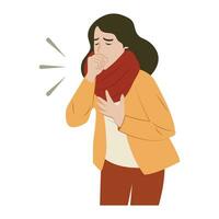 Female character sneezing and coughing in wrong position. Prevention against viruses and infections. Vector illustration in flat style