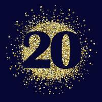 Creative number 20 with glittering golden background. Happy 20th anniversary icon concept. Up to 20 percent off discount, sale coupon. Shopping or gift card template. Isolated texture with gold dust. vector