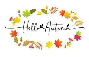 Hello Autumn calligraphy. Fall leaves vector