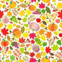 Autumn seamless pattern. Texture with fall colors. Colorful leaves, plants and fruits. Decorative background. Creative vector pumpkins. Isolated elements. Textile concept. Floral ornament.