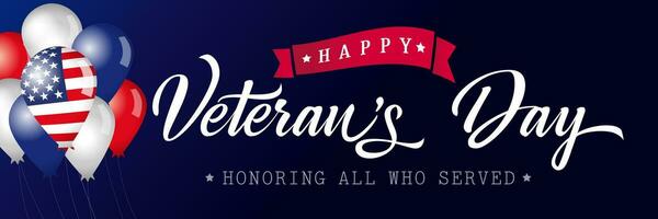 Happy Veterans Day USA horizontal poster. Honoring all who served calligraphic banner. Thank you US veterans congrats with 3D balloons vector