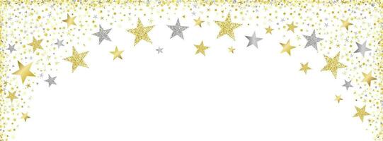 Christmas decoration festive border with golden falling glittering stars and confetti. Greeting card background vector