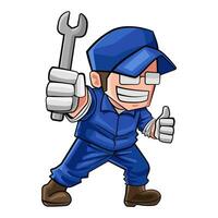 Male mechanic cartoon character mascot holding a wrench Illustration Isolated in White vector