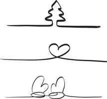 Continuous line. Single line concept sketch. Heart icon, Christmas tree, mitten, bow, happy holiday element vector illustration