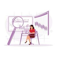 Young woman working in modern office. Sit in front of the computer analyzing data and stock trading candlestick charts. Data Analysis Concept. trend modern vector flat illustration