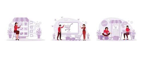 Young women are shopping online via smartphones. Women and men with trolleys, packages, and shopping bags. Two people are shopping online with lots of discounts. Trend Modern vector flat illustration.