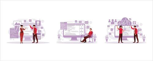 empleados quien hacer el montaje de web paginas dibujar un sitio web desarrollo diseño bosquejo. dos desarrollo hombres diseño y desarrollar. web diseño concepto. conjunto tendencia moderno vector plano ilustración