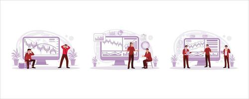 The declining stock market, stock market analysis for investment strategy, and a stockbroker with a computer screen with graphs. Stock market concept. Set Trend Modern vector flat illustration