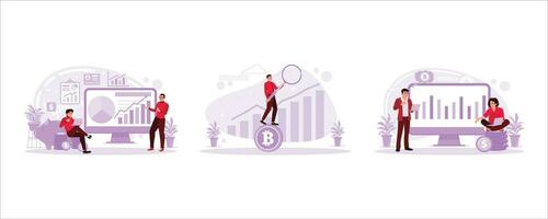 Businessman doing business and stock growth planning and strategy, Businessman was sitting on Bitcoin, and the young man was trading online. Stock Trading concept. vector