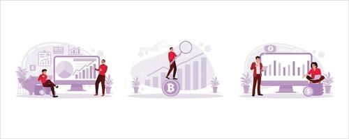 Businessman doing business and stock growth planning and strategy, Businessman was sitting on Bitcoin, and the young man was trading online. Stock Trading concept. vector