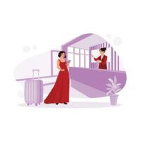 Friendly receptionist and beautiful tourist checking checkout documents at the hotel. Hotel Receptionist Concept.  trend modern vector flat illustration