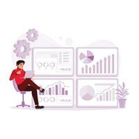 Lead engineer working in industry 4.0 factory. Operators control the production process on a laptop screen with a SCADA system. Data Analysis Concept. trend modern vector flat illustration