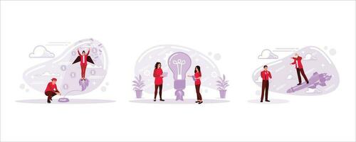 Girl with Rocket on Back Reaches New Level of Development, a businesswoman is flying a light bulb, and a retired man is standing on the rocket. Set Trend Modern vector flat illustration