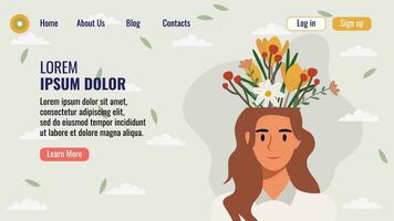 plano diseño sitio web aterrizaje página modelo con un retrato de un mujer con un ramo de flores de flores mental salud concepto. vector ilustración.