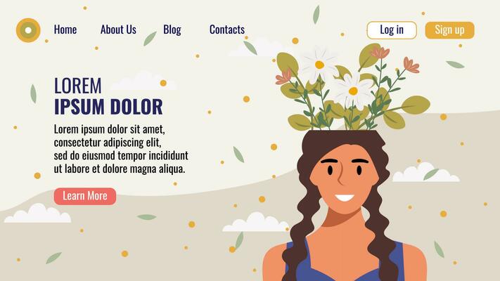 Flat design website landing page template with a portrait of a woman with a bouquet of flowers. Mental health concept. Vector illustration.