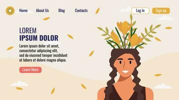 plano diseño sitio web aterrizaje página modelo con un retrato de un mujer con un ramo de flores de flores mental salud concepto. vector ilustración.