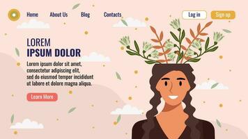 plano diseño sitio web aterrizaje página modelo con un retrato de un mujer con un ramo de flores de flores mental salud concepto. vector ilustración.