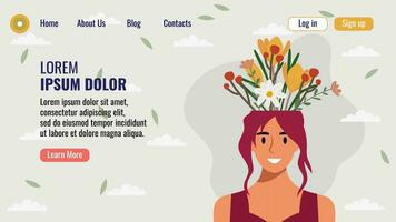 plano diseño sitio web aterrizaje página modelo con un retrato de un mujer con un ramo de flores de flores mental salud concepto. vector ilustración.